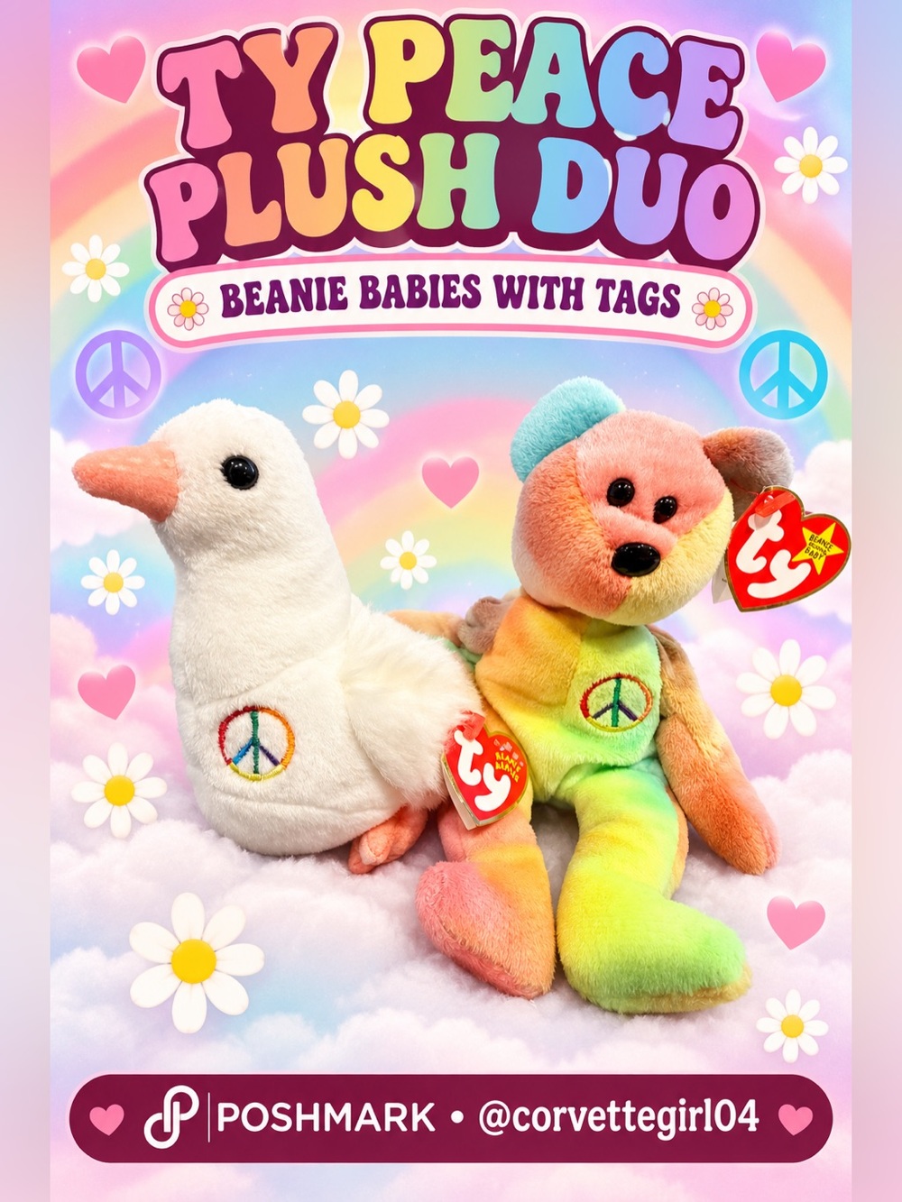 Ty Multicolor Tie-Dye Peace Bear and White Dove Beanie Serenity Set ☮️🕊️